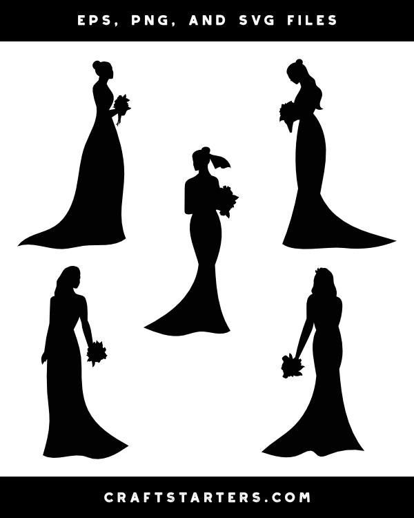 Five elegant black silhouette illustrations of brides in gowns holding bouquets, in various poses and styles.