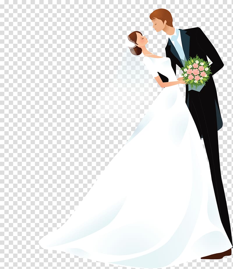 Illustrated bride and groom in elegant wedding attire, sharing a tender moment with bouquet.