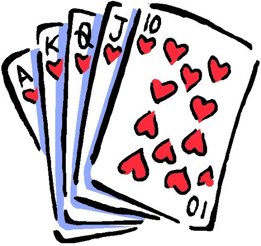 Hand-drawn illustration of a royal flush in hearts: Ace, King, Queen, Jack, and Ten.