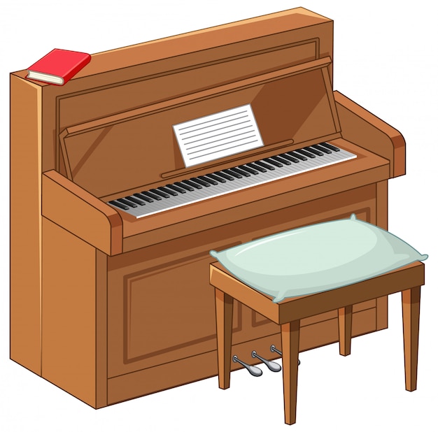 Upright wooden piano with sheet music, red book on top, and cushioned bench beside it.