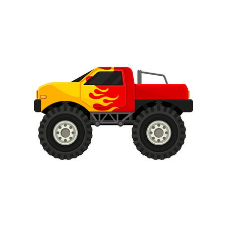 Red and yellow monster truck with flame decals and oversized tires on white background.