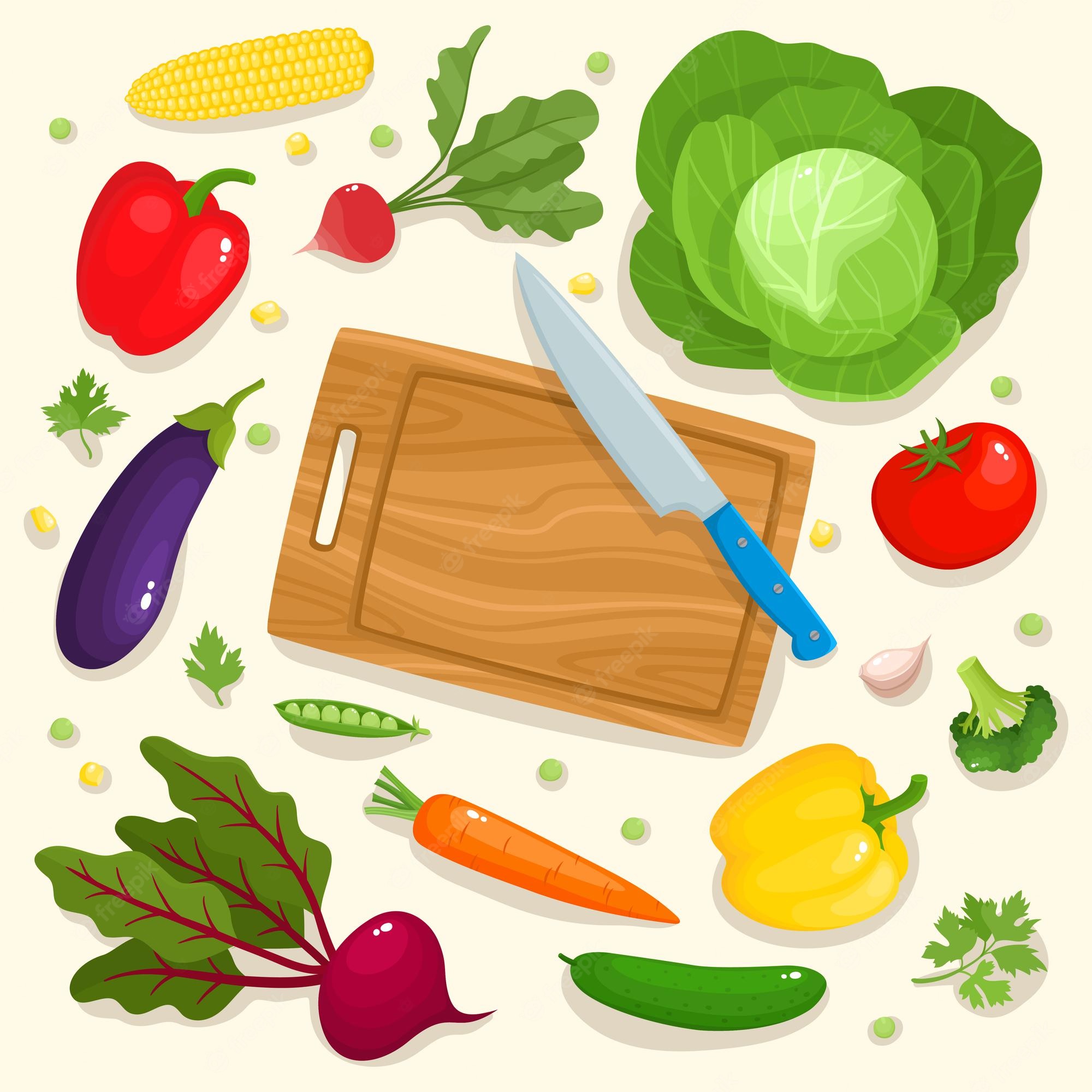 Fresh colorful vegetables including carrots, tomatoes, cabbage, bell peppers, eggplant, corn, and beetroot arranged around a wooden cutting board with knife.