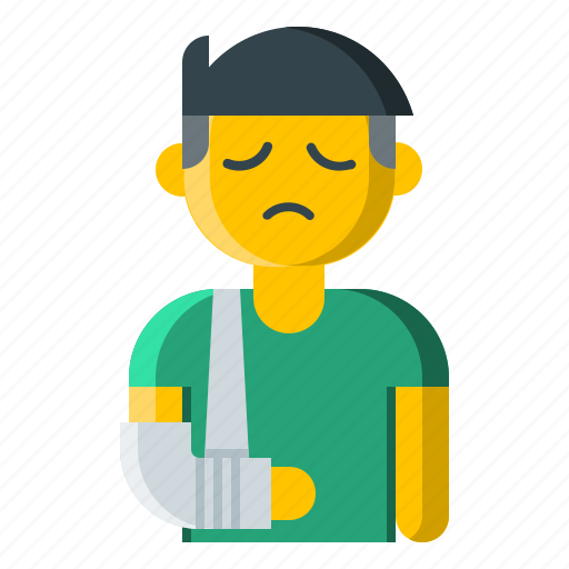 Person with sad expression wearing arm sling and cast, indicating injury or recovery.