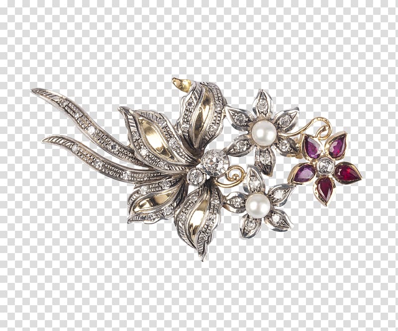 Elegant vintage floral brooch with diamonds, pearls, rubies, and gold/silver metalwork in Art Nouveau style.