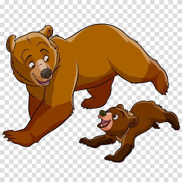 A cheerful adult brown bear and a playful cub running together on transparent background.