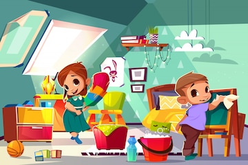 Two children cleaning a colorful, cluttered bedroom with toys, buckets, and cleaning supplies.
