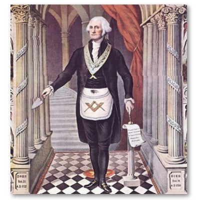 George Washington in Masonic regalia, standing in a classical temple with columns and checkered floor, holding tools and a scroll.