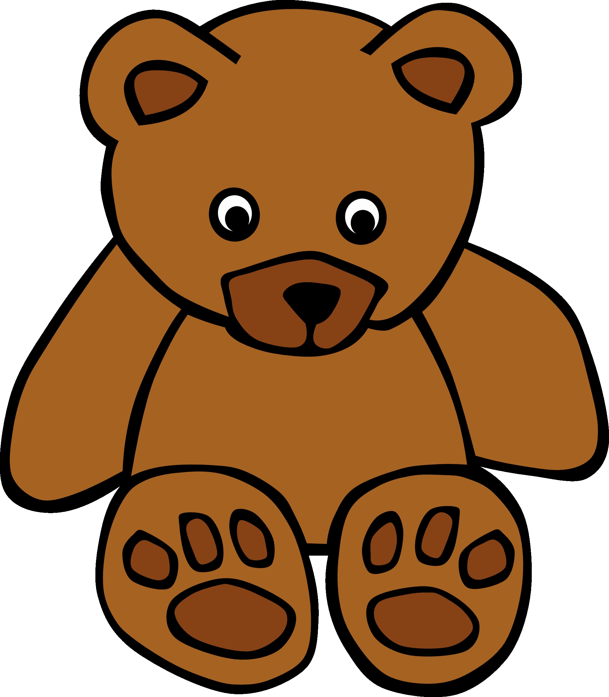 Friendly cartoon brown teddy bear sitting upright with large eyes and detailed paw pads.