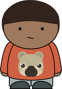 A cartoon child with brown skin and short hair wearing an orange shirt featuring a bear face graphic.