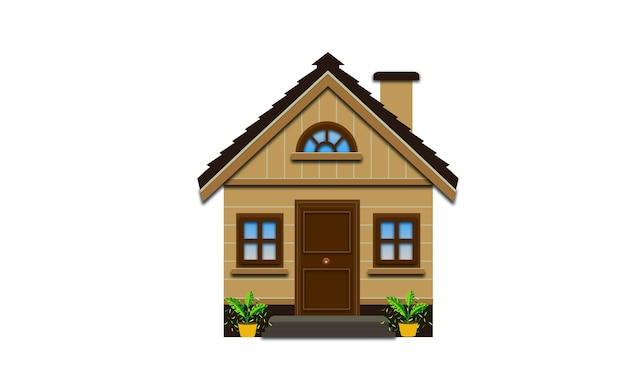 Cozy cartoon-style wooden house with brown door, arched window, and potted plants.