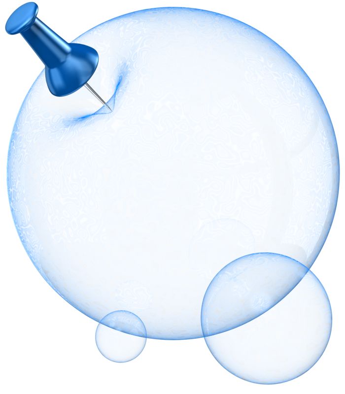 A blue pushpin puncturing a large translucent bubble, with smaller bubbles nearby, symbolizing fragility or disruption.
