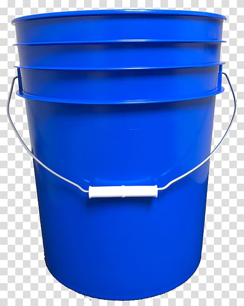 Bright blue 5-gallon plastic bucket with metal wire handle and white grip, isolated on transparent background.