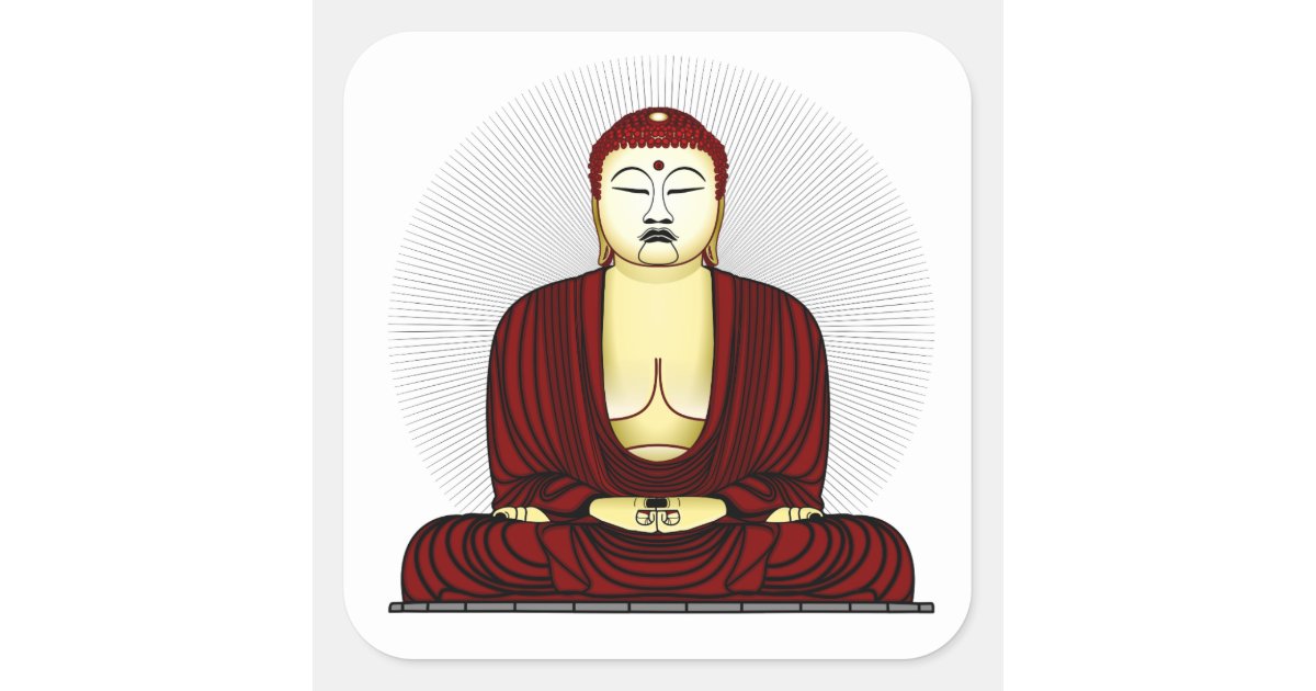 Seated Buddha in red robes with ushnisha and urna, meditating with radiant halo background.