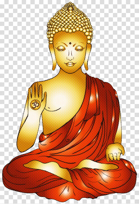 Seated Buddha in meditation pose, wearing red robe, right hand raised in abhaya mudra with om symbol, golden ushnisha and serene expression.