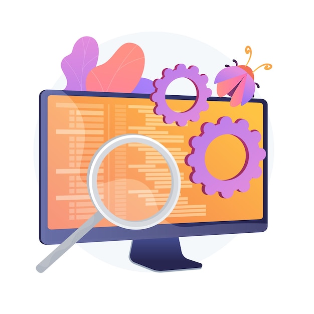 Illustration of a computer screen with code, magnifying glass, and gears symbolizing software debugging or system analysis.