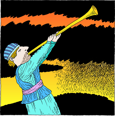 A bearded man in a blue robe and striped cap blows a golden trumpet against a fiery sunset backdrop.
