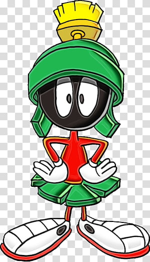 Marvin the Martian in green helmet, red tunic, and white boots with yellow plume.