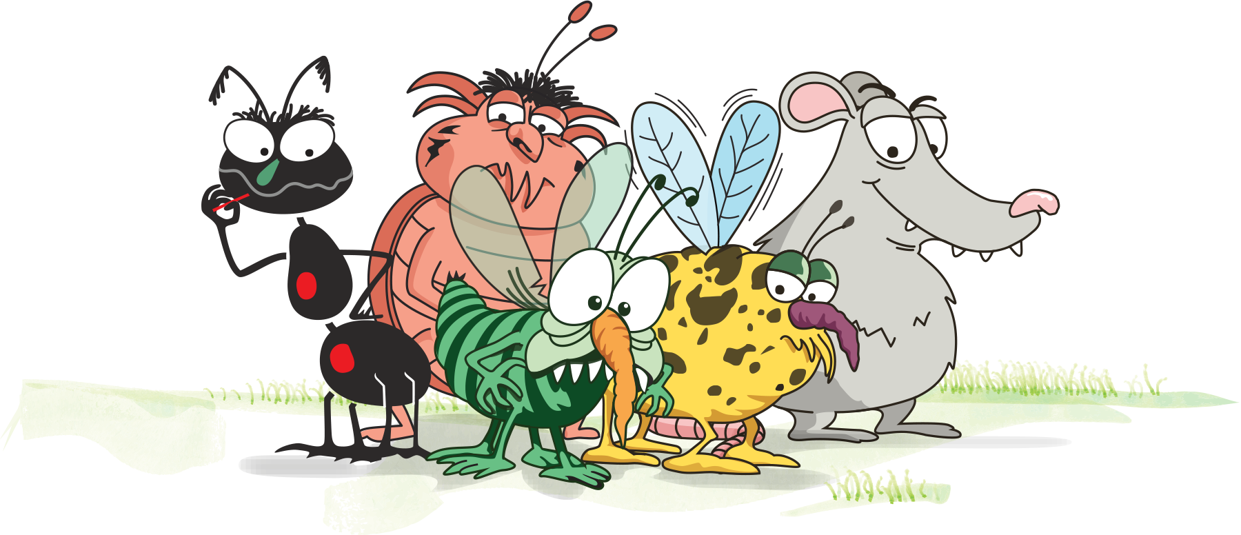 A cartoon group of five quirky pests-ant, cockroach, fly, maggot-covered blob, and rat-standing together on grass with expressive faces.