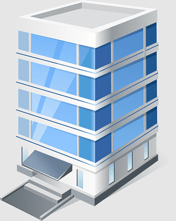 Modern multi-story office building with blue glass windows and white facade, isometric view.