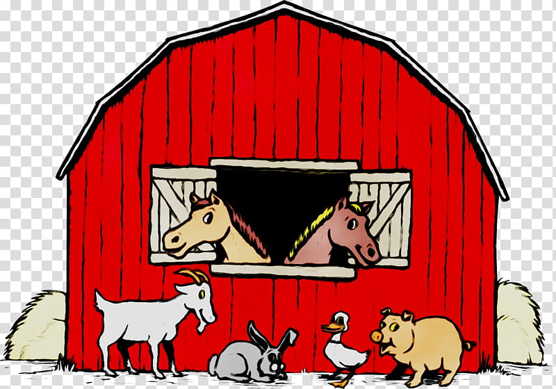 Red barn with horses in window and farm animals (goat, rabbit, duck, pig) outside.