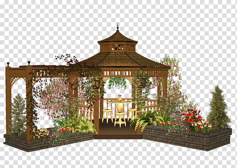 Wooden gazebo with tiered roof, surrounded by vibrant flowers, vines, and stone planters in a lush garden setting.
