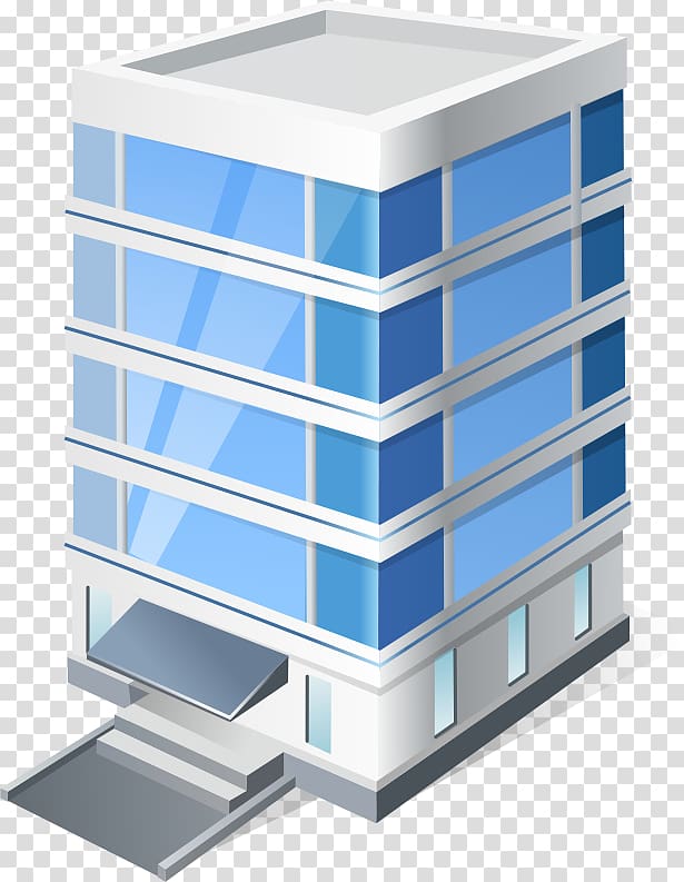 Modern multi-story office building with blue glass windows and white facade, isometric view on transparent background.