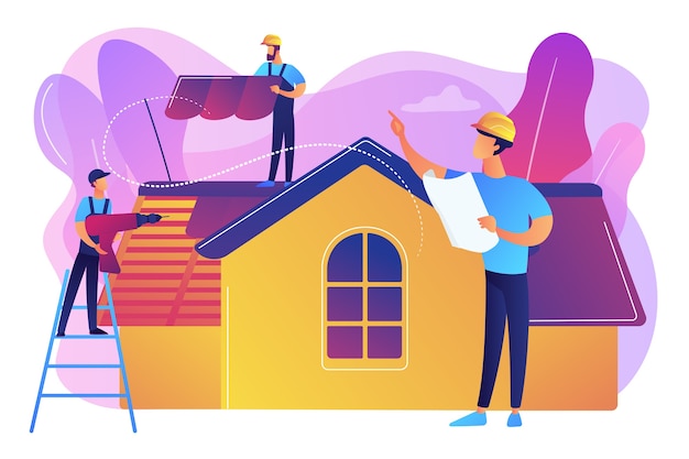 Construction workers installing a roof on a yellow house with architectural plans and tools in a vibrant illustration.