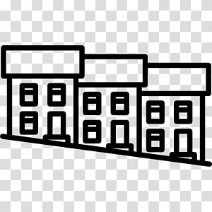 Simple line drawing of three connected buildings on a slope, representing residential or commercial property.