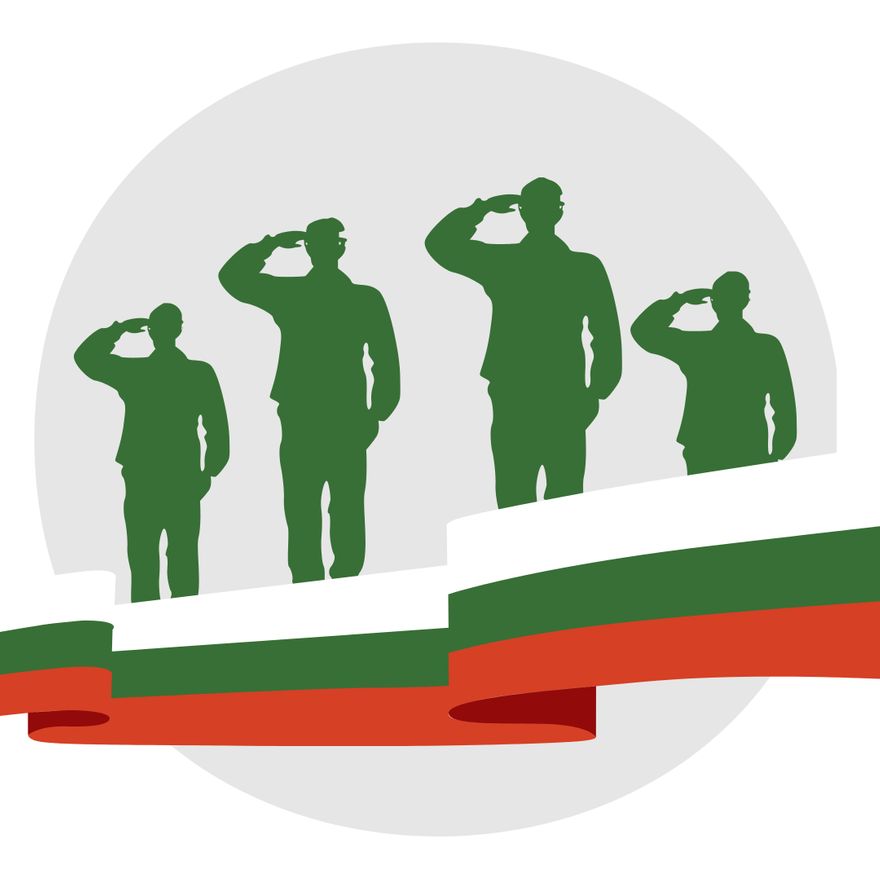 Four green military silhouettes saluting against a gray circle with Italian flag ribbon below.