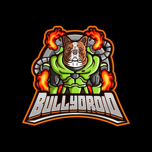 A muscular bulldog in green armored suit with fiery thrusters, labeled "BULLYDROID" in bold metallic font.