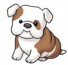 Cute cartoon bulldog puppy with white and brown patches, sitting and smiling.