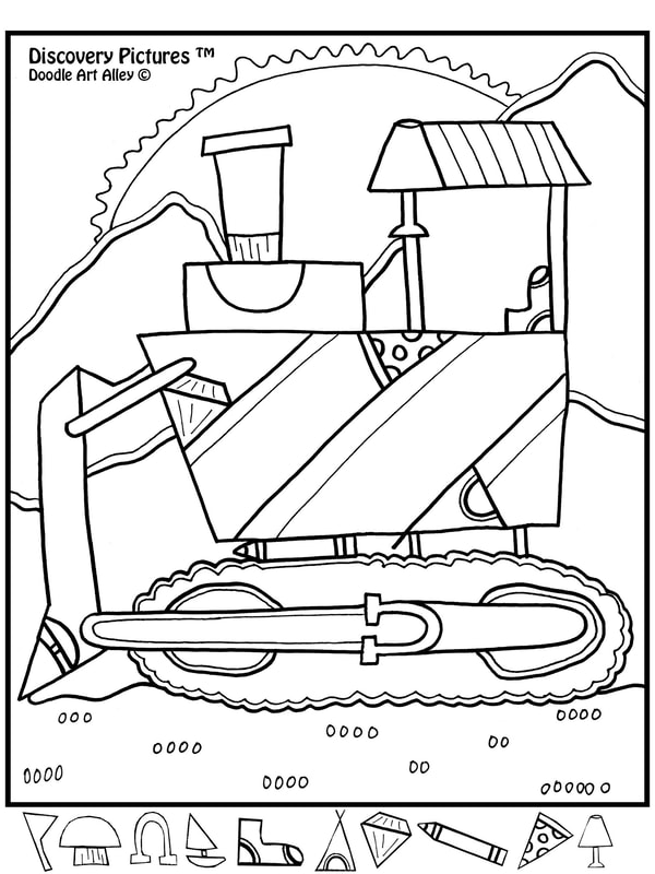 Black-and-white line drawing of a cartoon bulldozer with striped body, cabin, and tracks, designed as a coloring page.