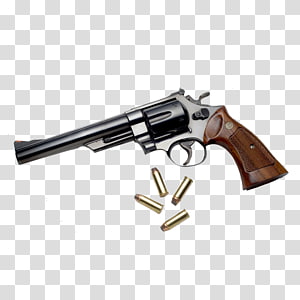 Classic double-action revolver with wooden grip and scattered ammunition on transparent background.