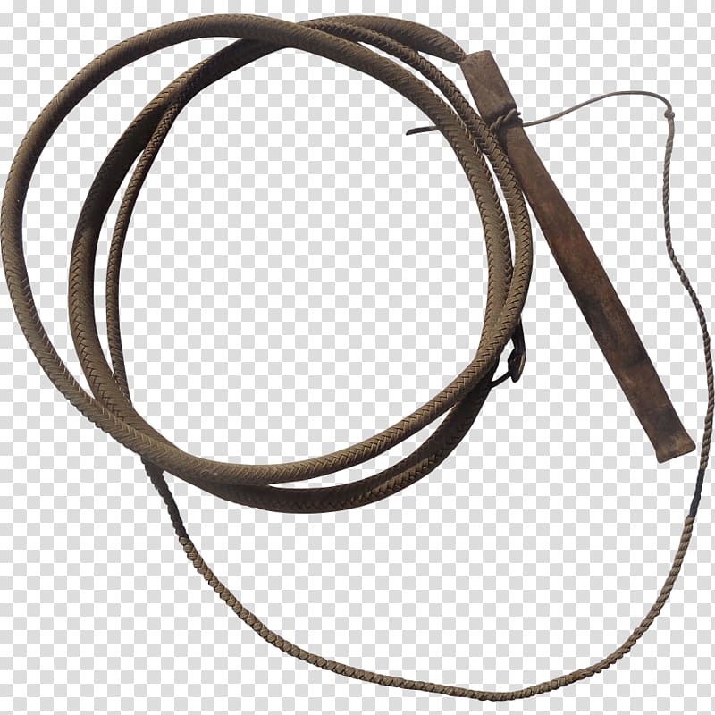Vintage braided leather whip with wooden handle, coiled and displayed on transparent background.