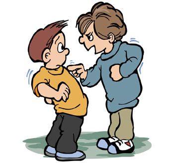 A stern adult scolds a frightened child while pointing a finger, illustrating discipline or conflict.