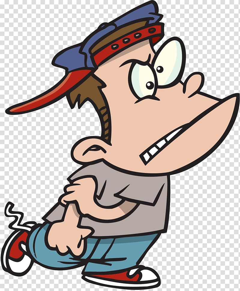 Angry cartoon boy wearing backward cap, scowling with clenched fists and smoking shoe.
