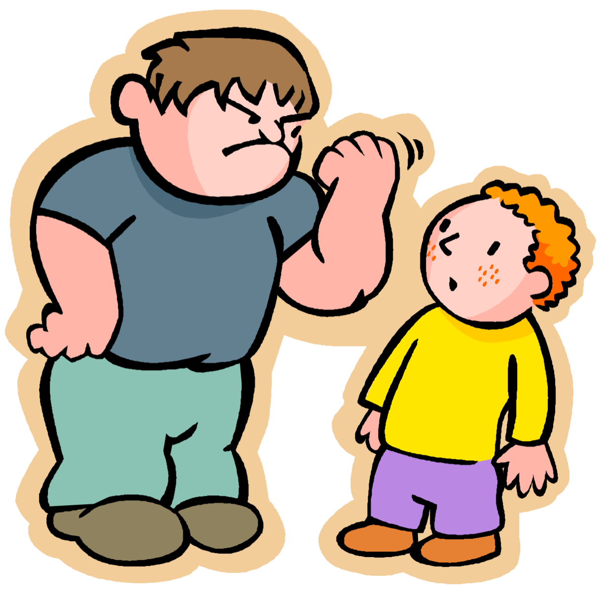 A cartoon illustration of a larger boy scolding or threatening a smaller, frightened boy with curly red hair.