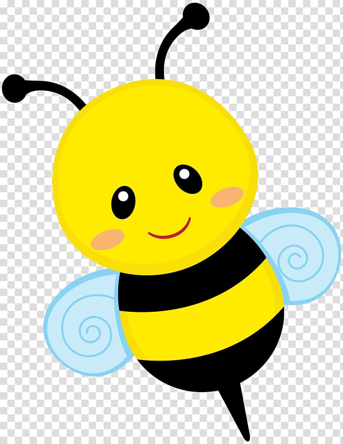 Cute cartoon bumblebee with yellow head, black stripes, blue spiral wings, and smiling face on transparent background.