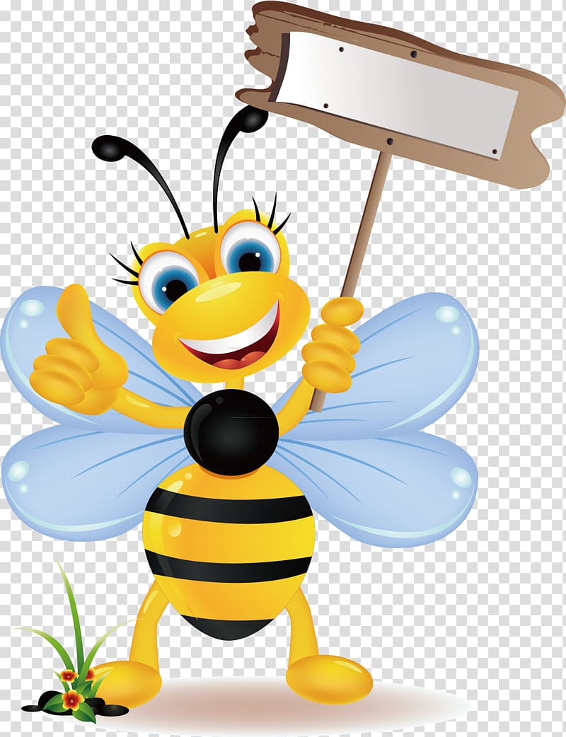 Cheerful cartoon bee holding a blank wooden sign and giving a thumbs-up, with blue wings and yellow-black stripes.