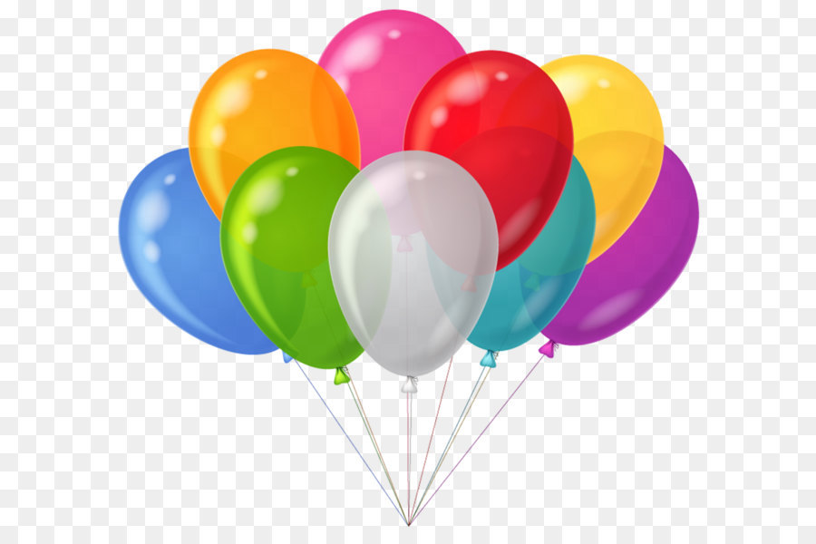 Colorful glossy balloons in a cluster with translucent white center balloon, tied with multicolored strings on transparent background.