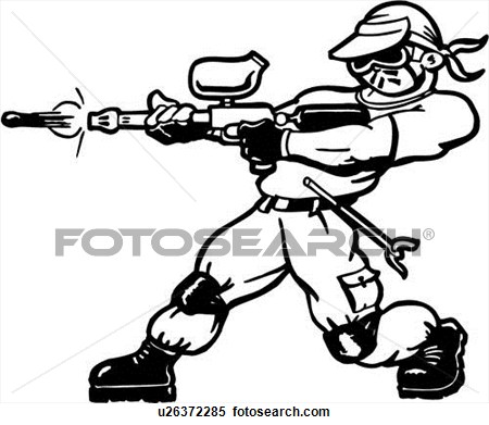 Black-and-white illustration of a paintball player in action, wearing mask and gear, firing a paintball gun.