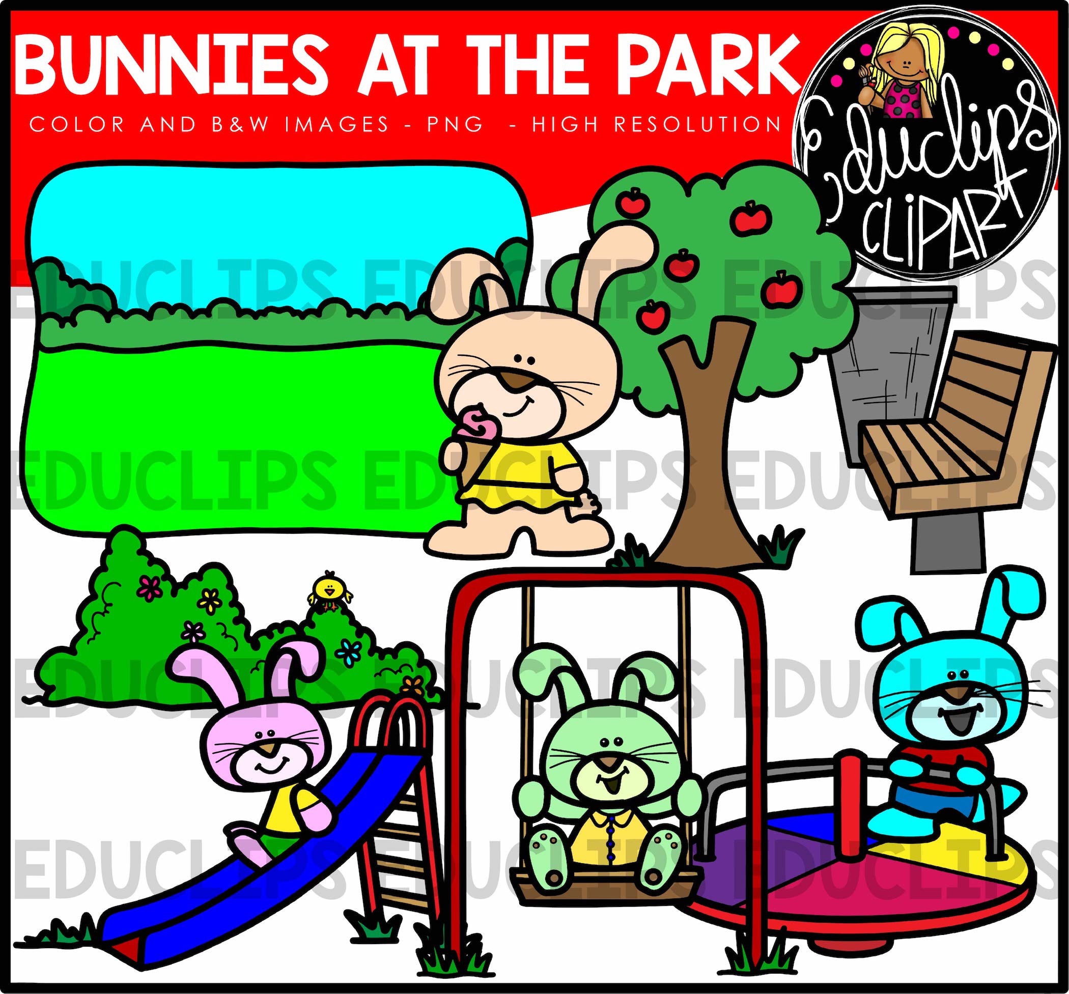 Colorful cartoon bunnies playing at a park with slide, swing, merry-go-round, apple tree, and bench.