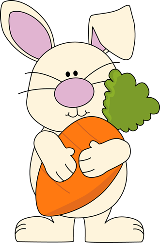 Cute cartoon bunny holding a large orange carrot with green leafy top.