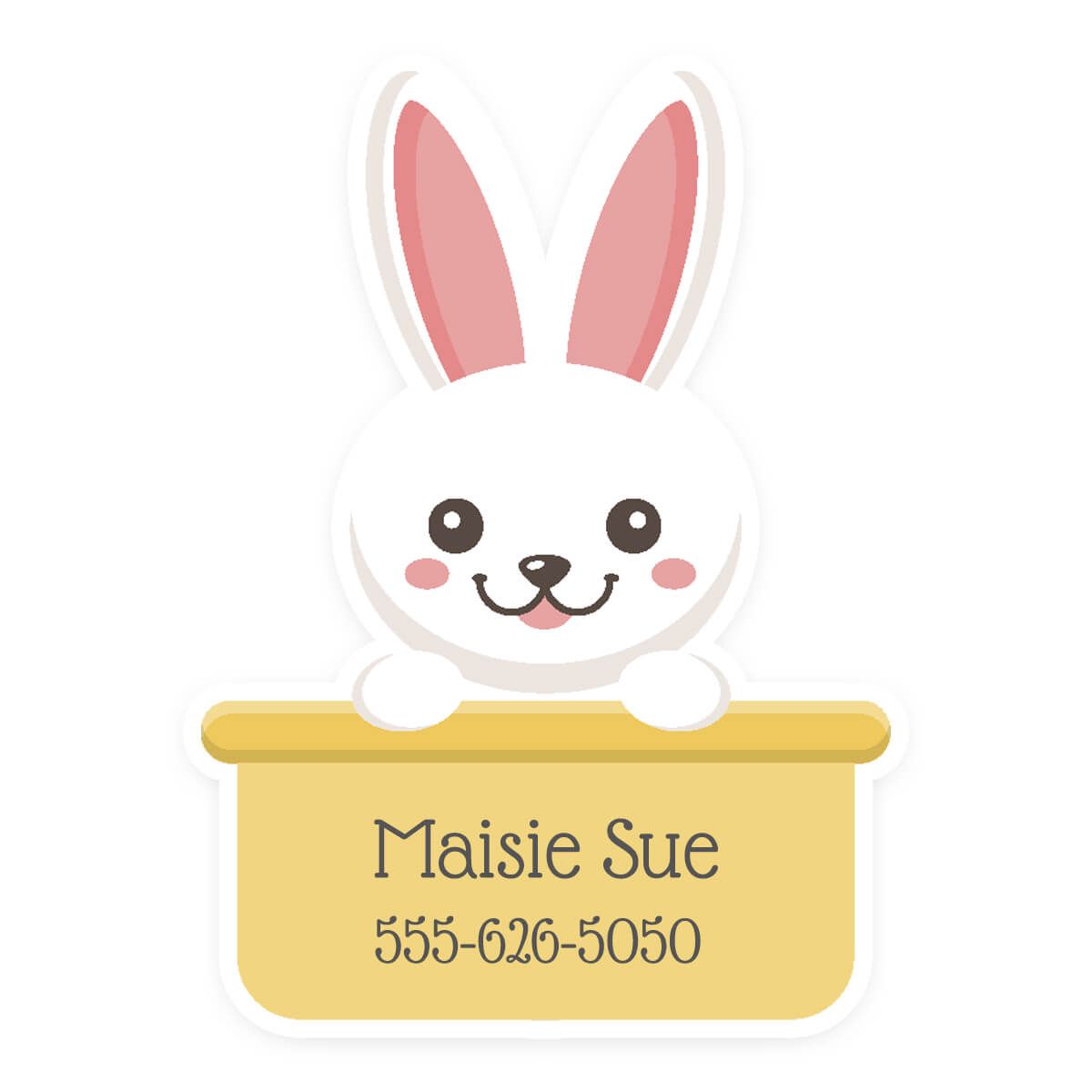 Cute white bunny peeking over a yellow name tag with "Maisie Sue" and phone number.