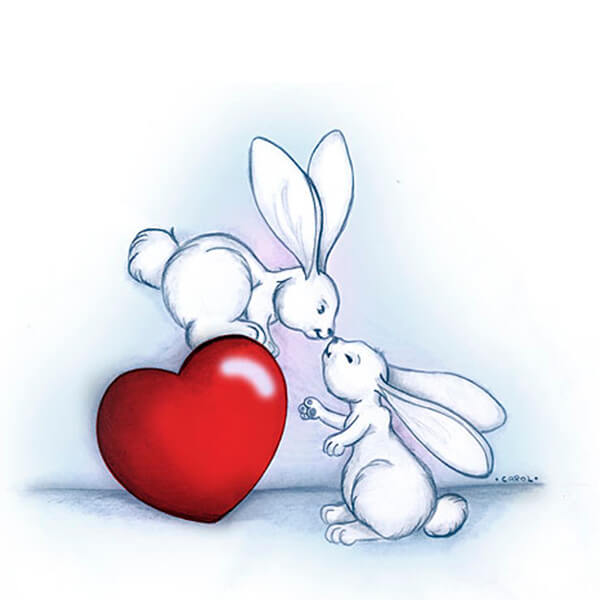 Two white bunnies nuzzling beside a glossy red heart, illustrated in soft pencil and watercolor style.
