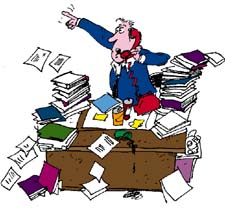 Overwhelmed office worker shouting amid piles of paperwork and scattered documents on a cluttered desk.
