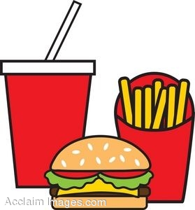 Classic fast food meal: hamburger, french fries in red container, and soda with straw.