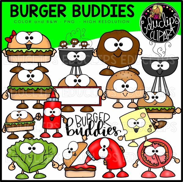 Cute cartoon burger-themed clipart characters including buns, patties, lettuce, cheese, tomato, ketchup, and grill-color and B&W PNGs.