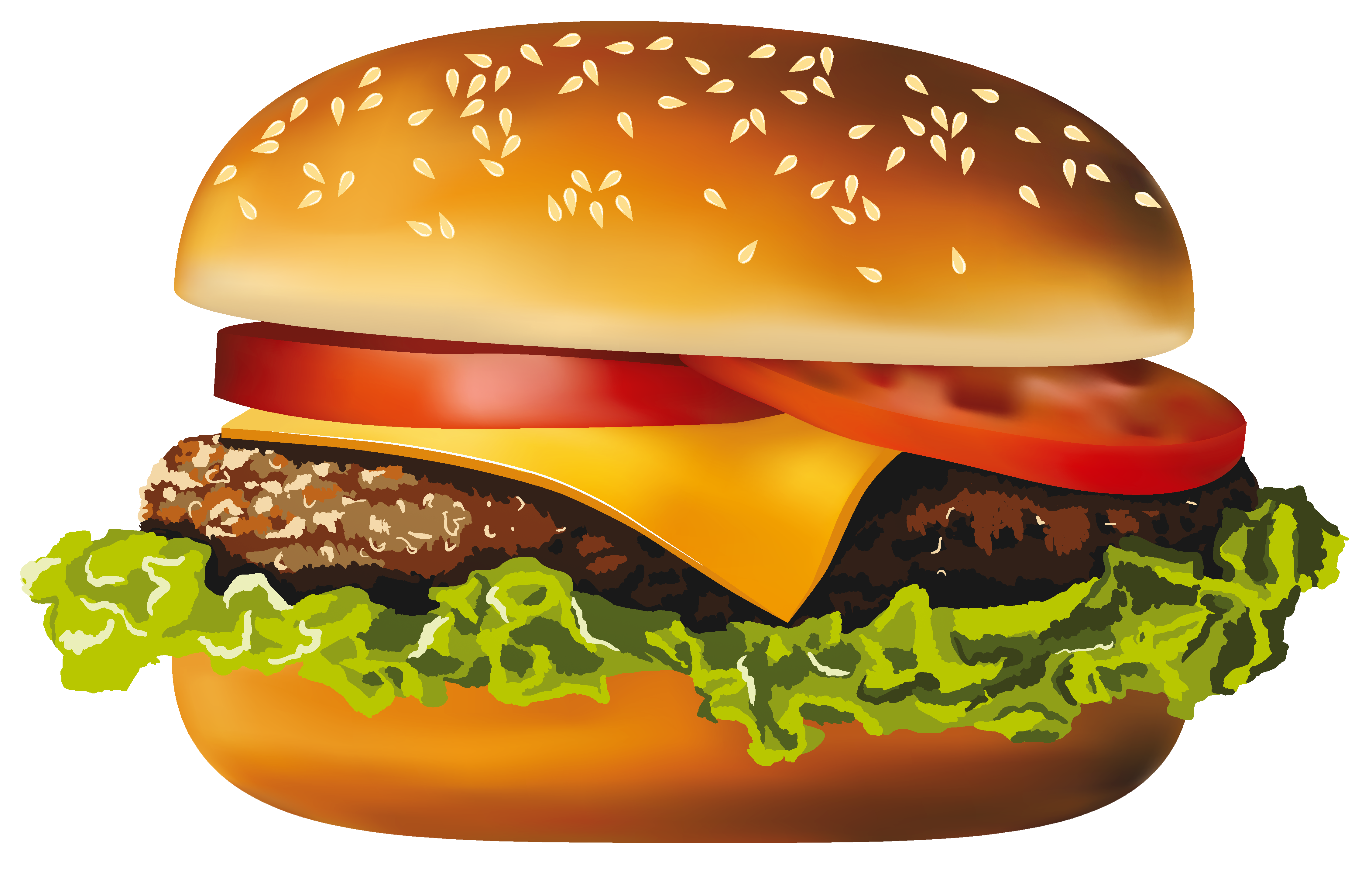 Juicy cheeseburger with sesame seed bun, lettuce, tomato, and melted cheddar cheese.