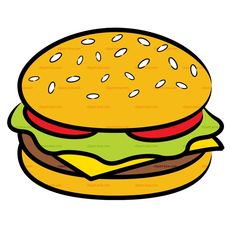 Cartoon-style cheeseburger with sesame seed bun, lettuce, tomato, cheese, and beef patty.